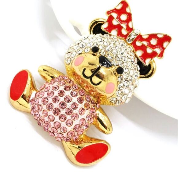 Pink Enamel Cute Bow Bear Crystal Charm Brooch NWOT - Picture 2 of 3